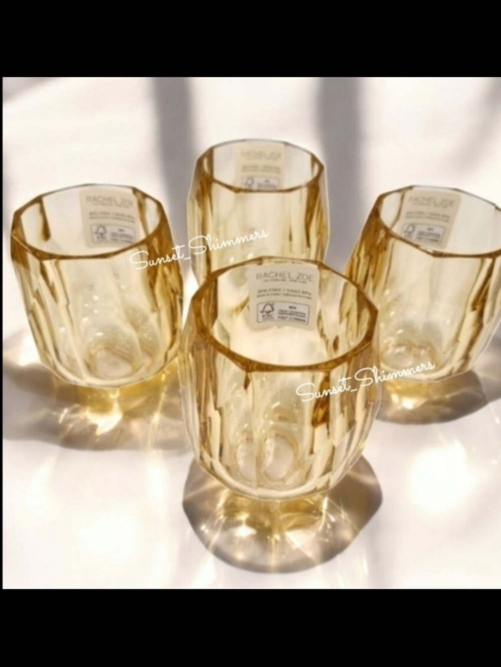 Rachel Zoe 4 piece Amber Acrylic Crystal Tumbler Cup Drink Glass Set NEW